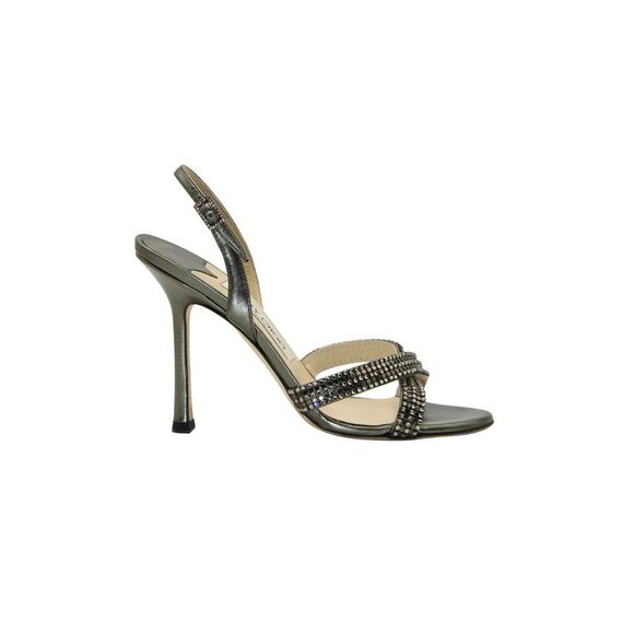 Jimmy Choo Crystal-Embellished Cross Strap Sandals in Silver Gunmetal Leather